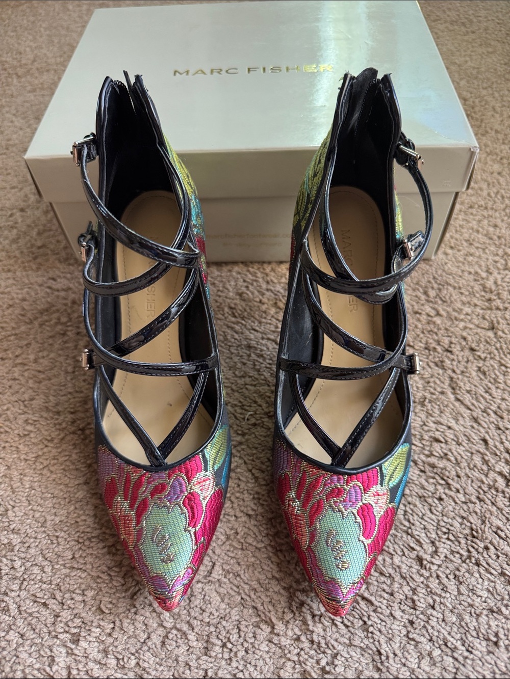 Marc Fisher Pointed-Toe Strappy Heels with Multicolor Floral Brocade size 6.5